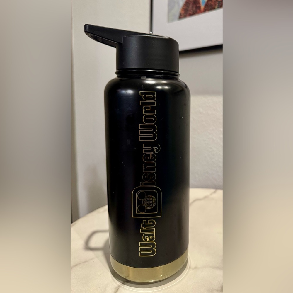 WDW Disney 32.4 oz Black and Gold Castle Stainless Water Bottle EUC